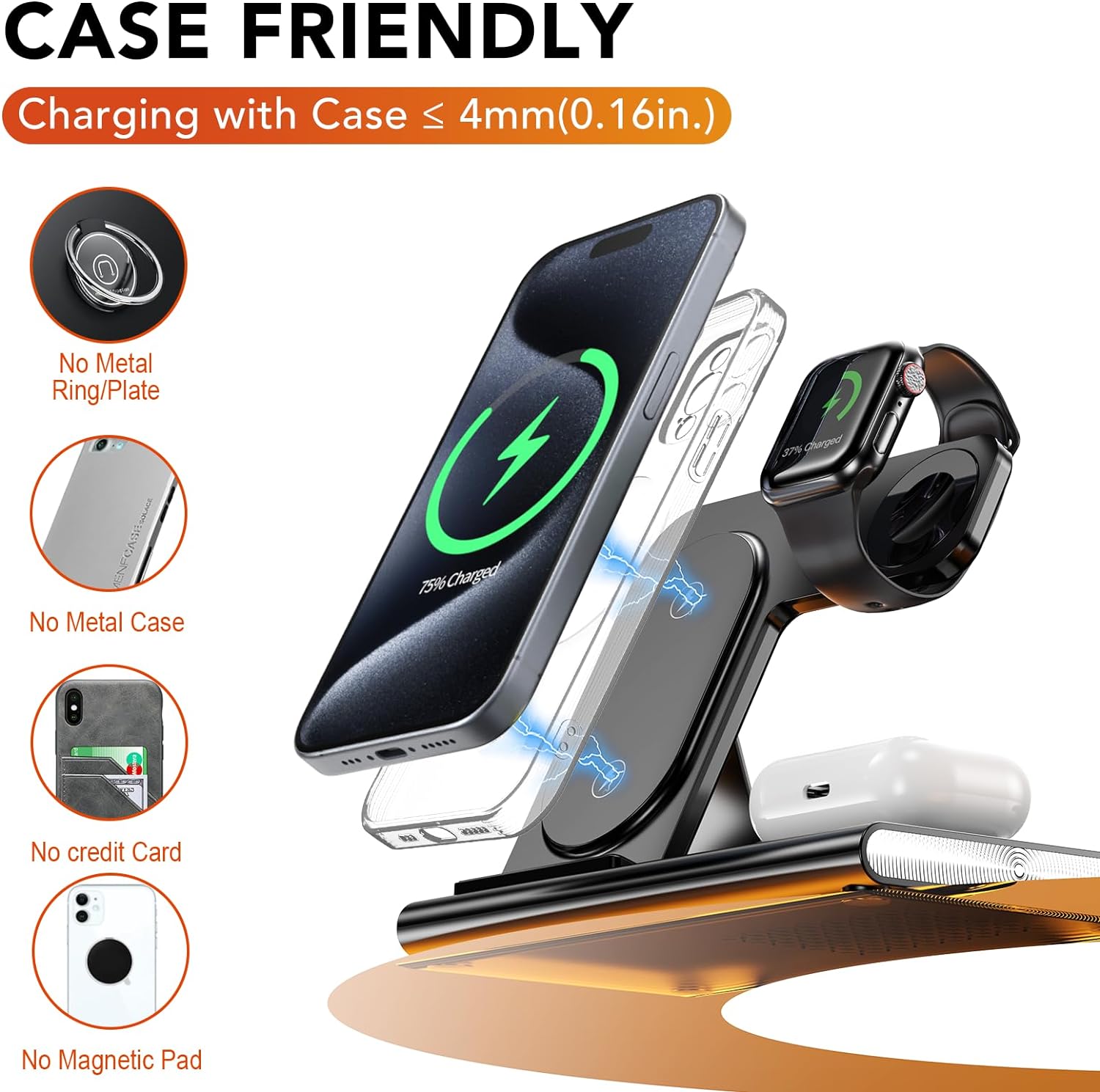 Station d'accueil de support de chargeur sans fil magnétique pliable 4 en 1 avec veilleuse Station d'accueil de support de chargeur sans fil magnétique pliable 4 en 1 avec veilleuse